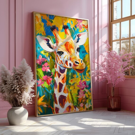 Giraffe Portrait in Bright Abstract Paint With Flowers Poster