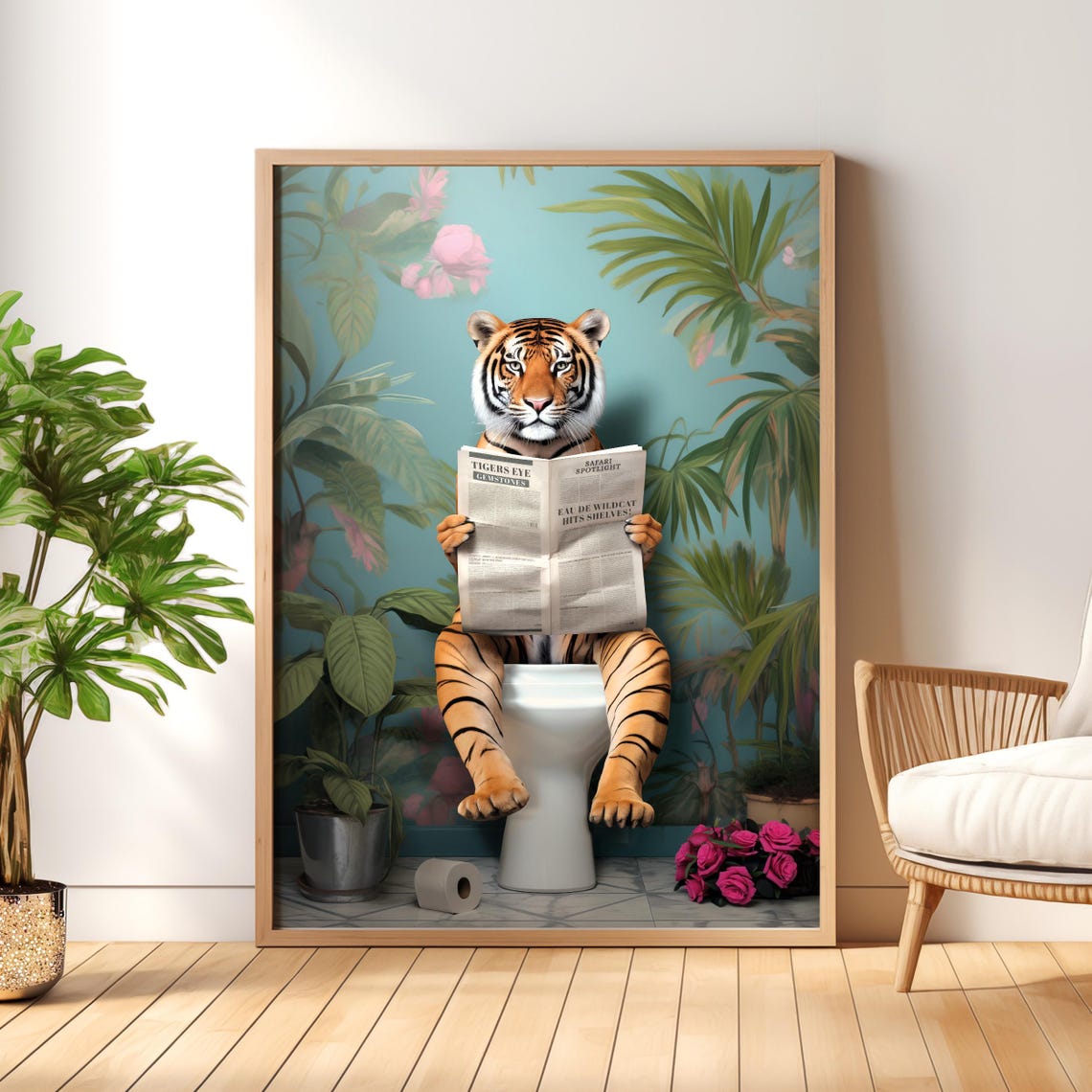 Tiger Reading the Paper on a Toilet in a Tropical Botanical Poster