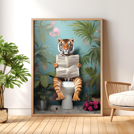 Tiger Reading the Paper on a Toilet in a Tropical Botanical Poster
