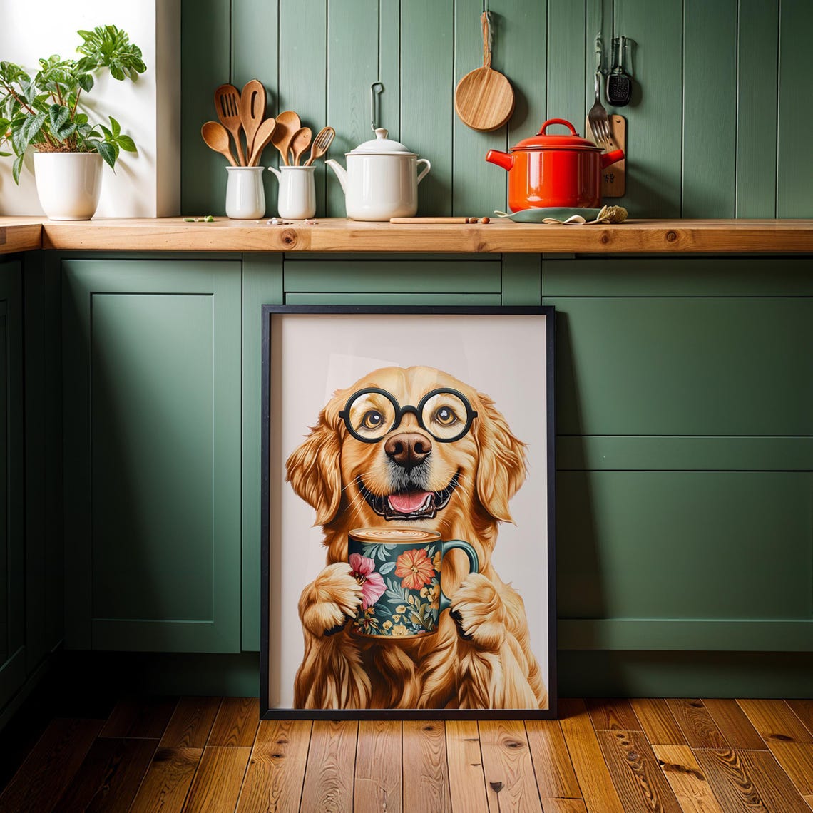 Golden Retriever Wearing Glasses Holding a Floral Coffee Mug Poster - Image 3