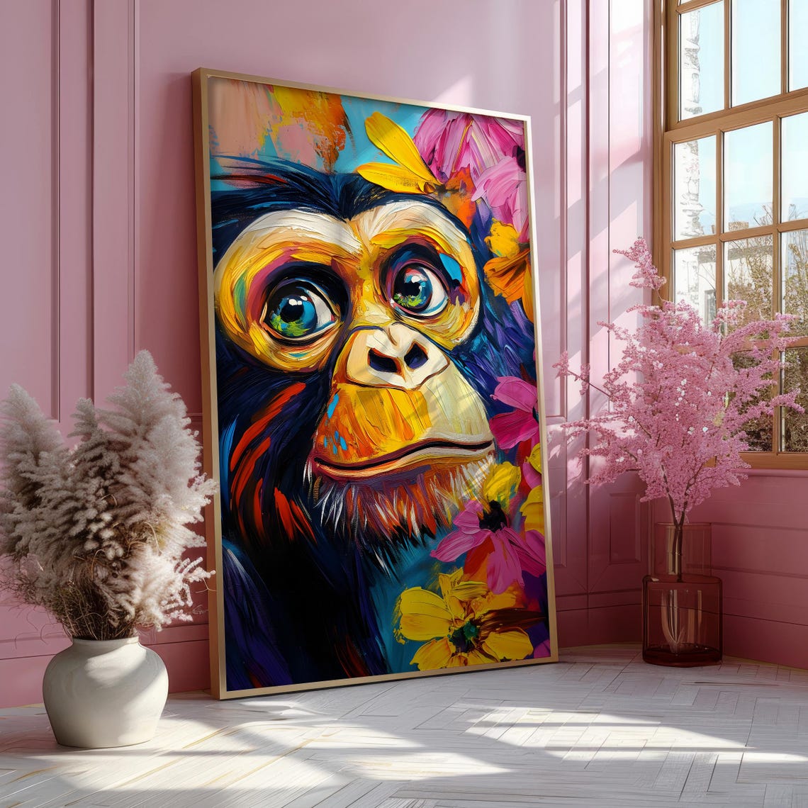 Monkey Portrait in Vivid Abstract Paint With Blooming Flowers Poster - Image 7