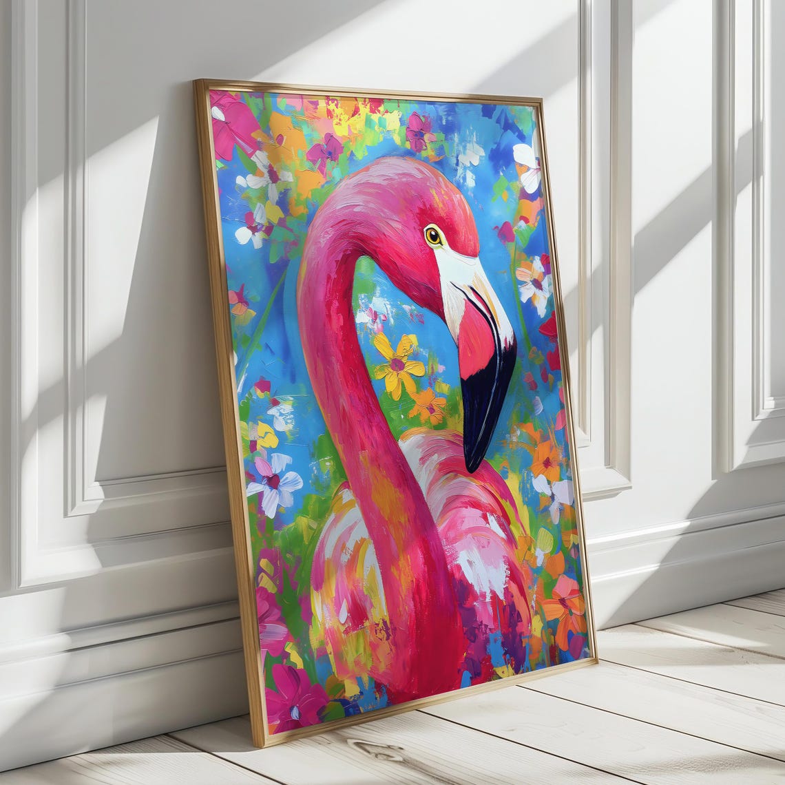 Pink Flamingo Portrait in Bright Abstract Paint With Flowers Poster - Image 4