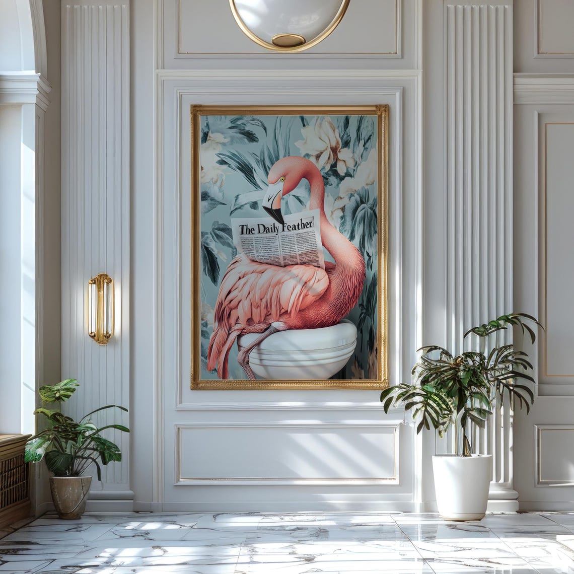Flamingo Reading The Daily Feather on a Toilet Botanical Poster - Image 7
