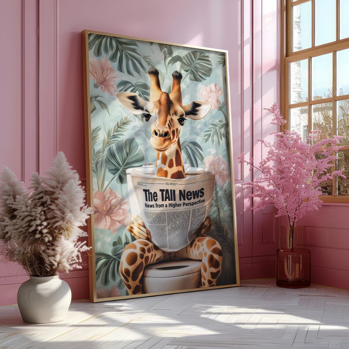 Giraffe Reading The Tall News on a Toilet in a Tropical Bathroom Poster - Image 5