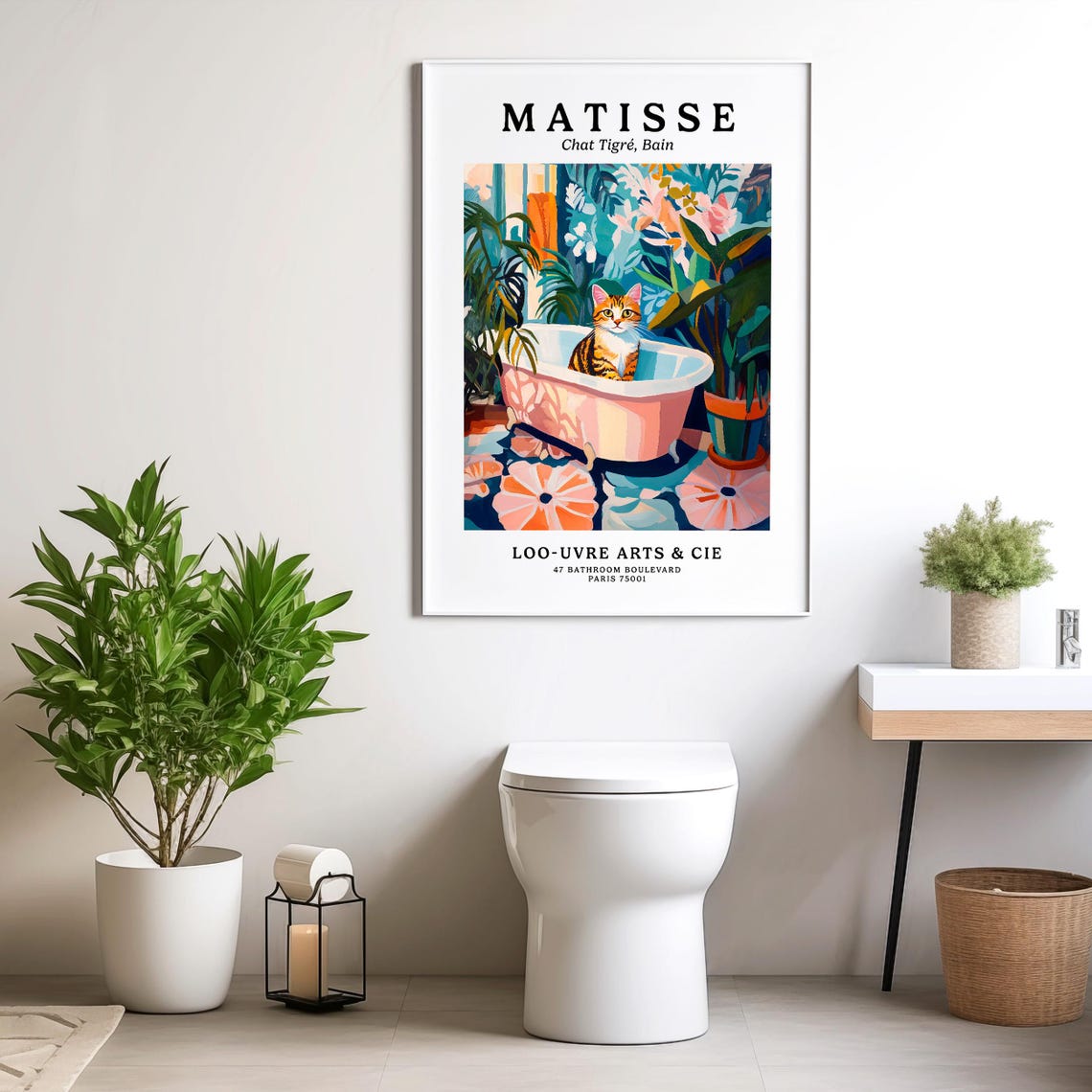 Matisse Style Tabby Cat in a Pink Clawfoot Bathtub Art Poster - Image 4