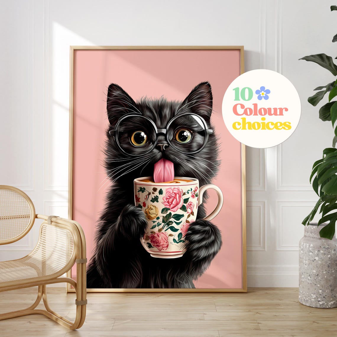 Fluffy Black Kitten Wearing Glasses Licking a Floral Teacup Poster