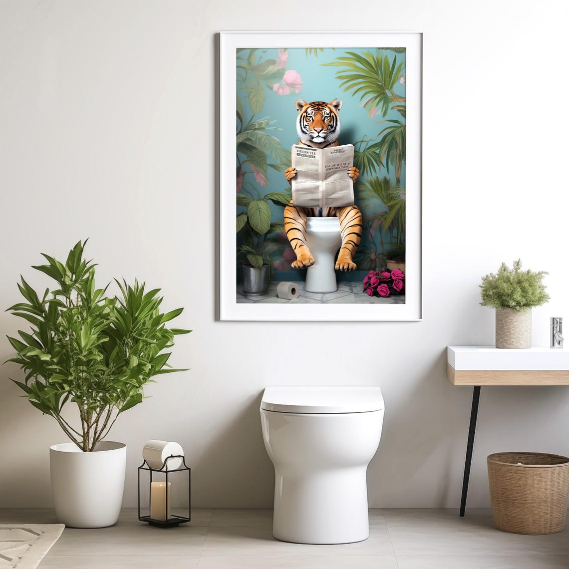 Tiger Reading the Paper on a Toilet in a Tropical Botanical Poster - Image 3