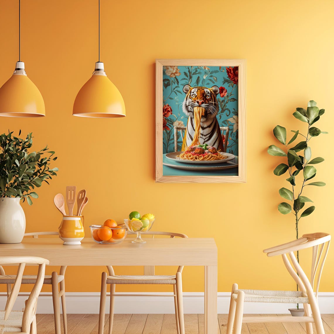 Tiger Slurping Spaghetti With Meatballs Floral Kitchen Poster - Image 3