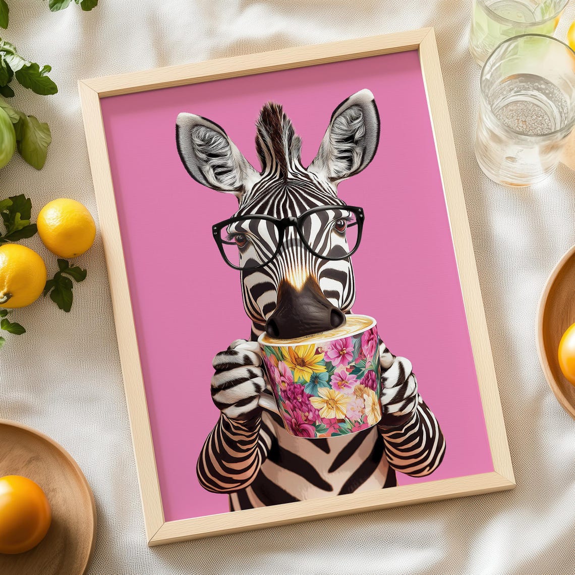 Zebra With Glasses Drinking Coffee From a Mug on a Pink Kitchen Poster - Image 6