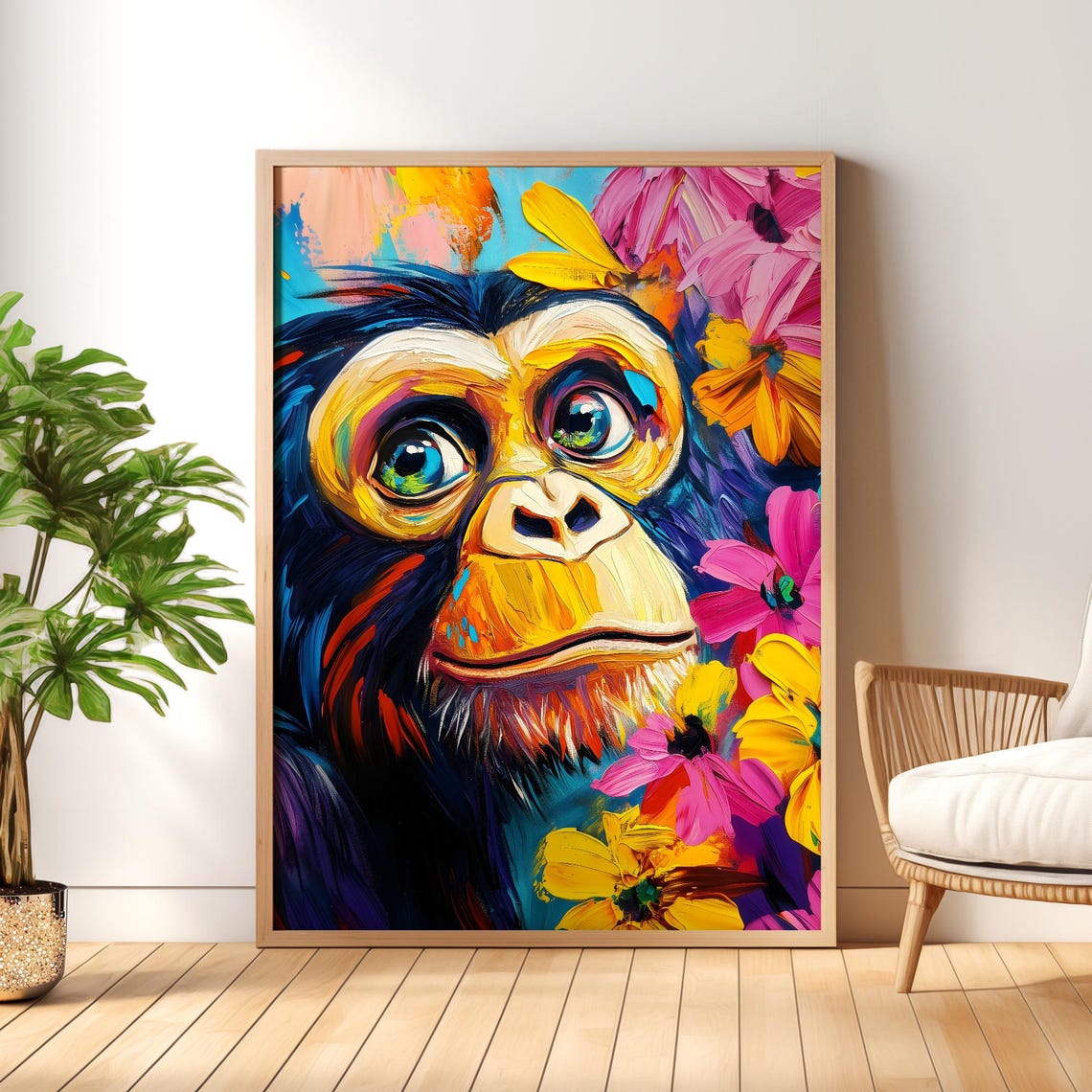 Monkey Portrait in Vivid Abstract Paint With Blooming Flowers Poster
