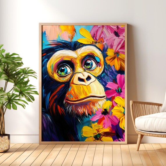 Monkey Portrait in Vivid Abstract Paint With Blooming Flowers Poster
