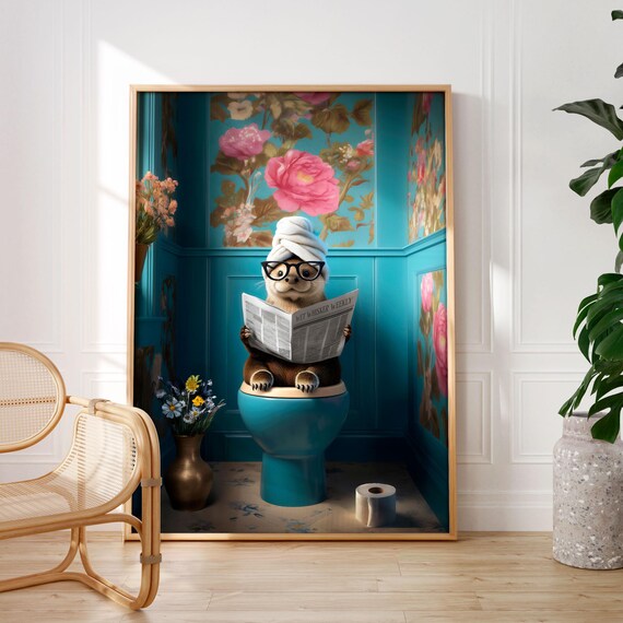 Otter With Glasses Reading Wet Whisker Weekly on a Teal Toilet Poster