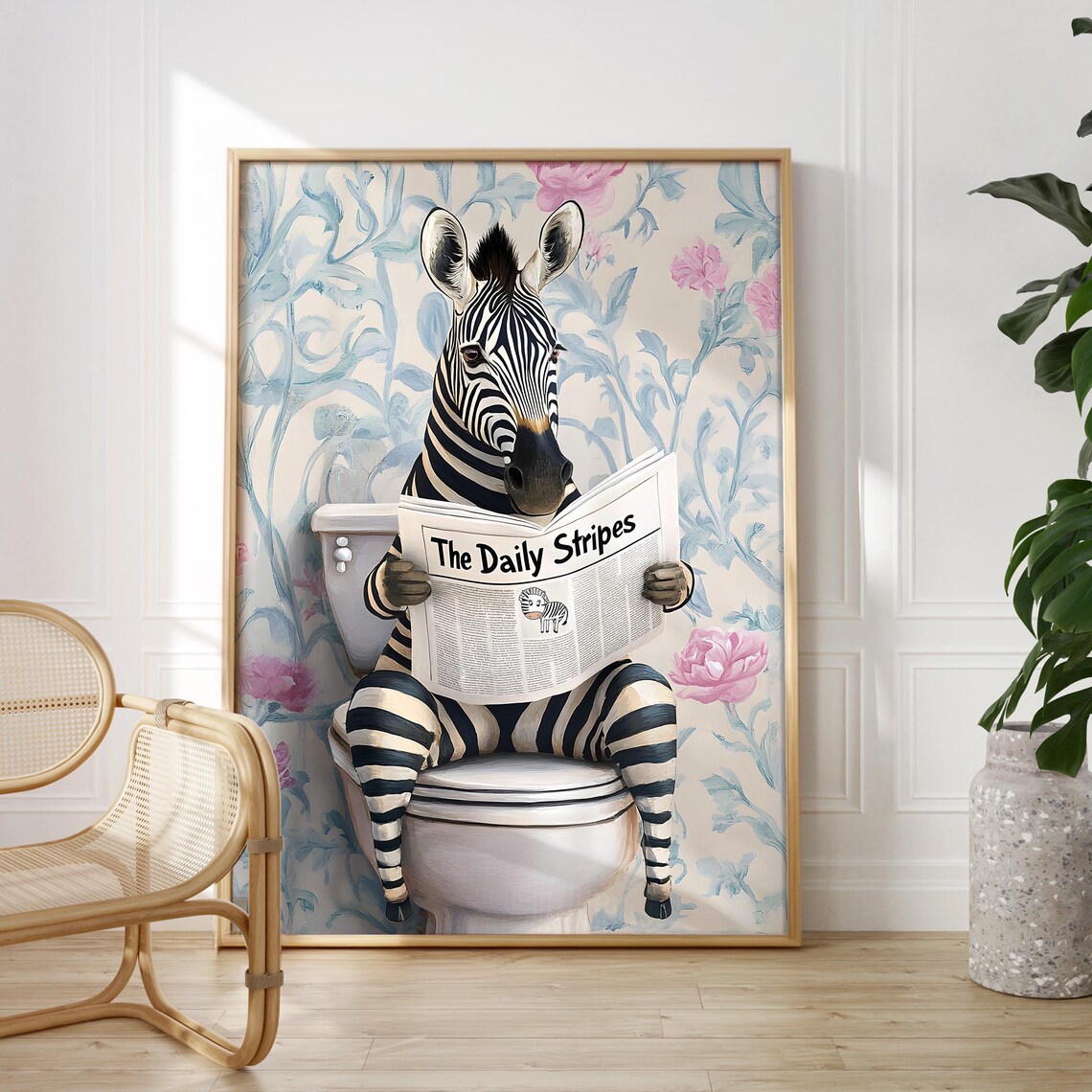 Zebra Reading The Daily Stripes on a Toilet With a Floral Wallpaper Poster