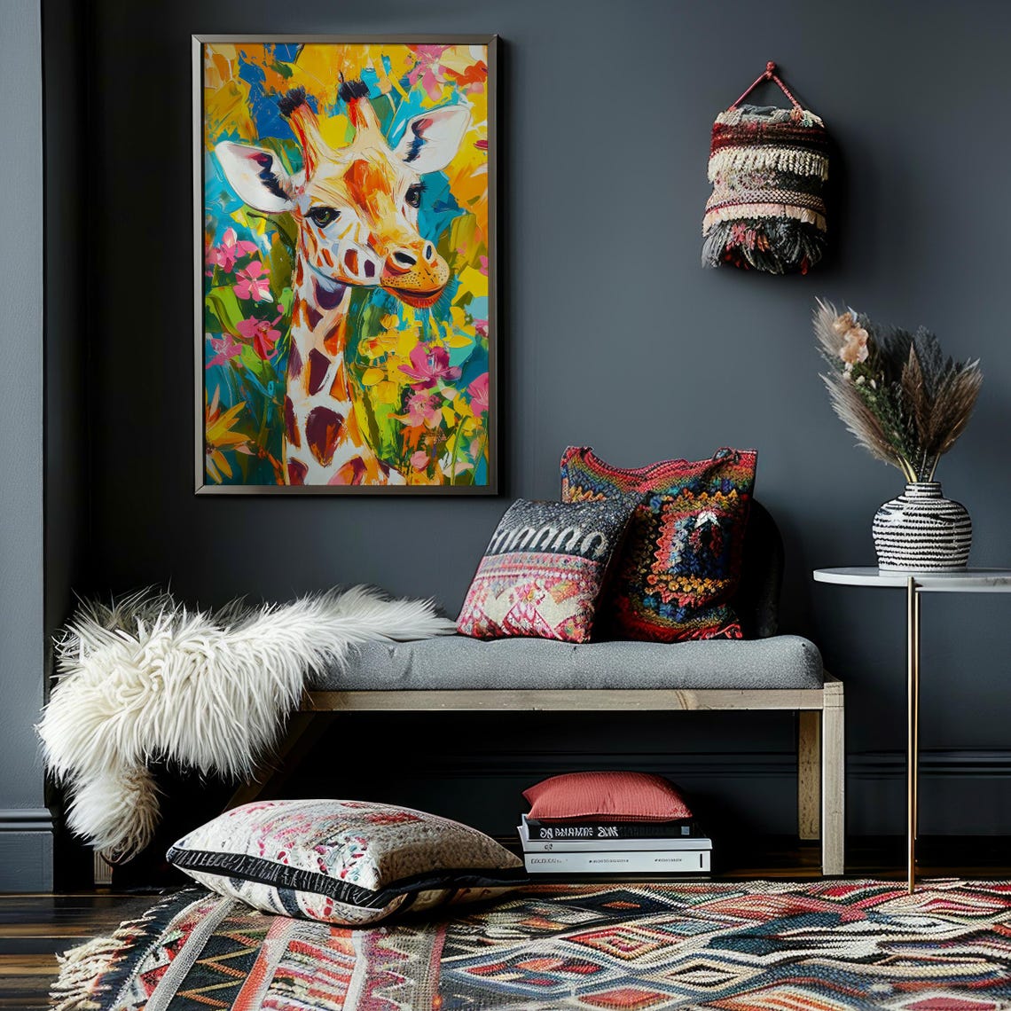 Giraffe Portrait in Bright Abstract Paint With Flowers Poster - Image 2