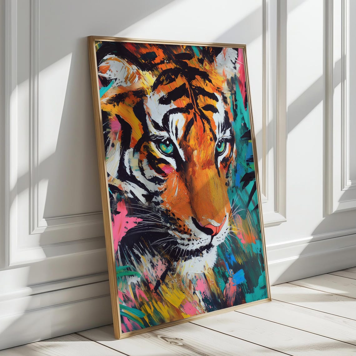 Tiger Face in Vivid Abstract Paint With Tropical Flowers Poster - Image 4