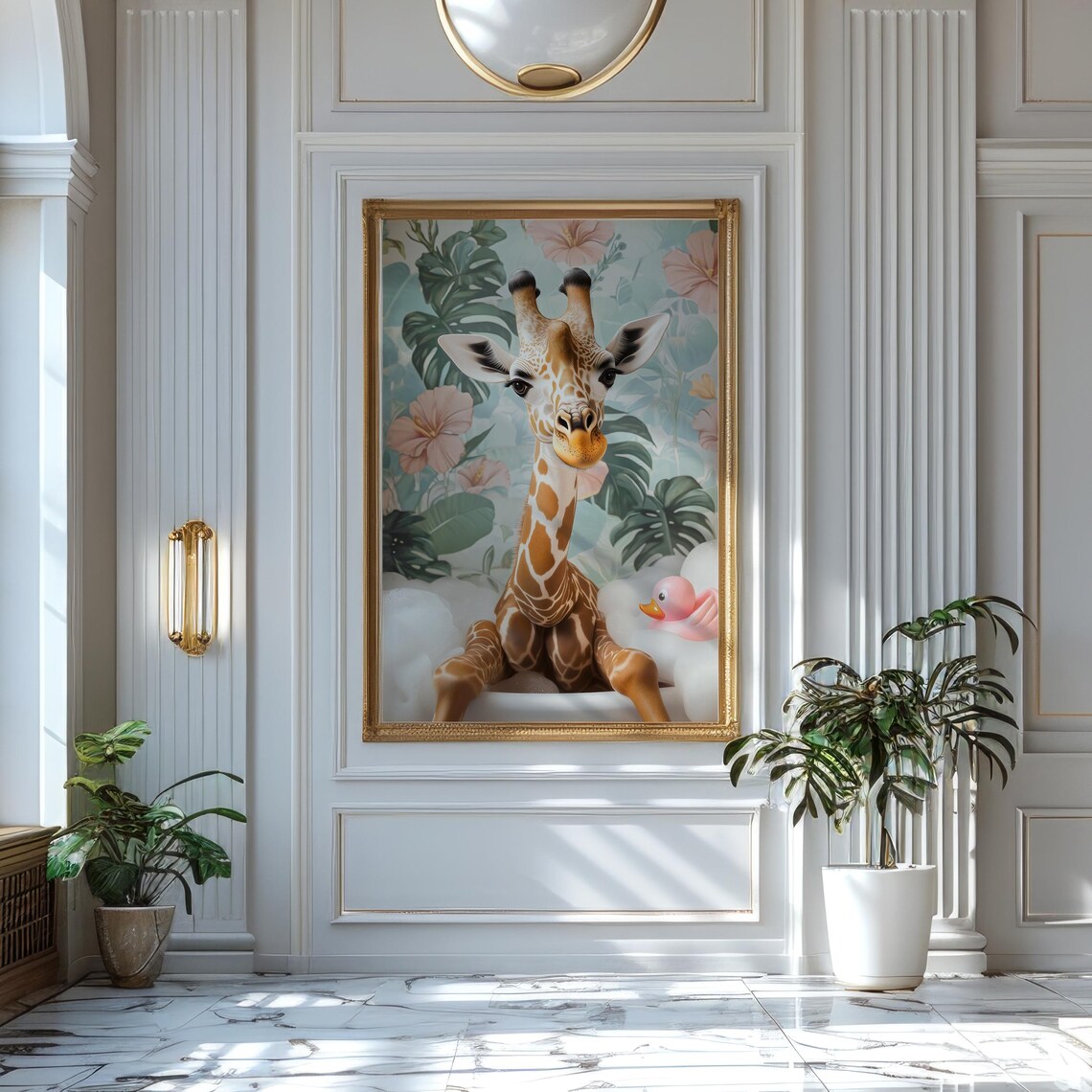 Giraffe in a Bubble Bath With a Rubber Duck in a Tropical Bathroom Poster - Image 7
