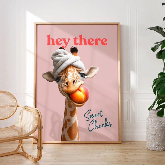 Hey There Sweet Cheeks Giraffe With a Peach on a Pink Poster