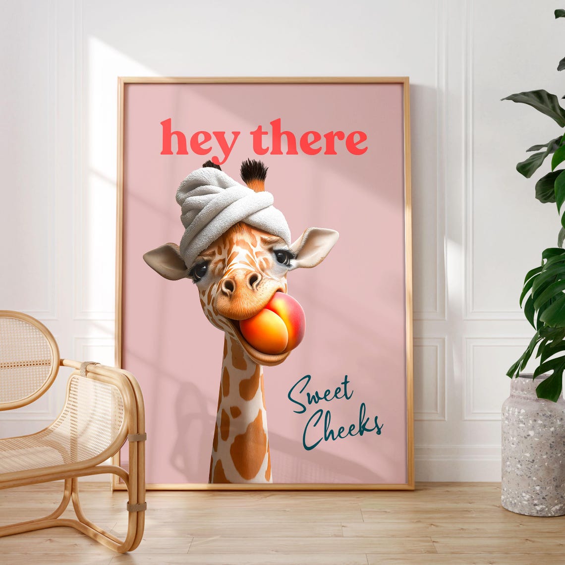 Hey There Sweet Cheeks Giraffe With a Peach on a Pink Poster
