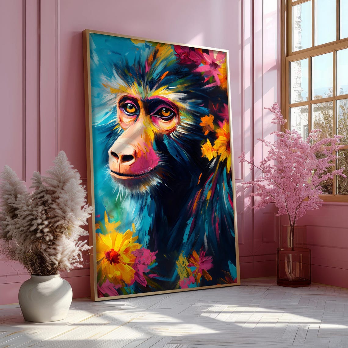 Baboon Portrait in Bold Colorful Paint With Blooming Flowers Poster - Image 7