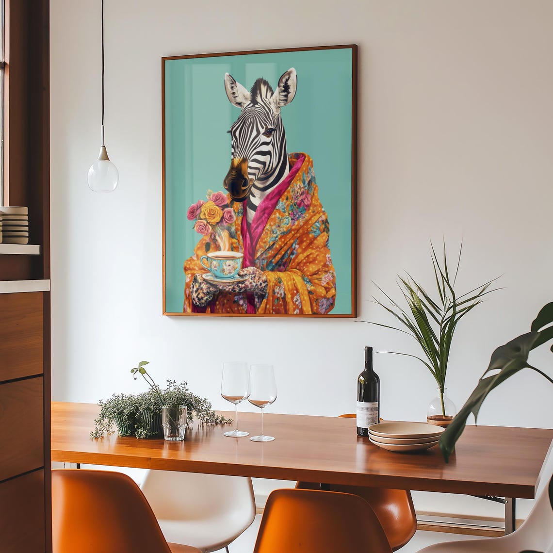 Zebra Wrapped in a Colorful Shawl Holding a Floral Teacup Poster - Image 4