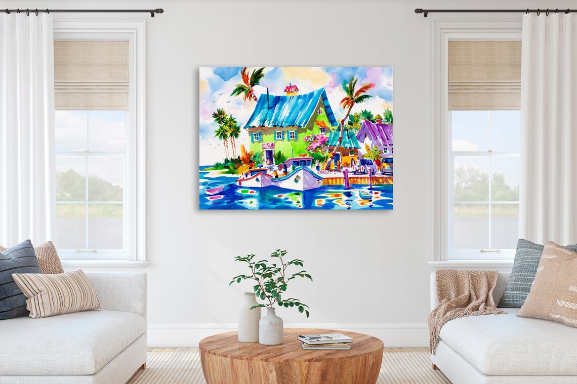 Key West Watercolor Boat Travel Poster, Florida Island