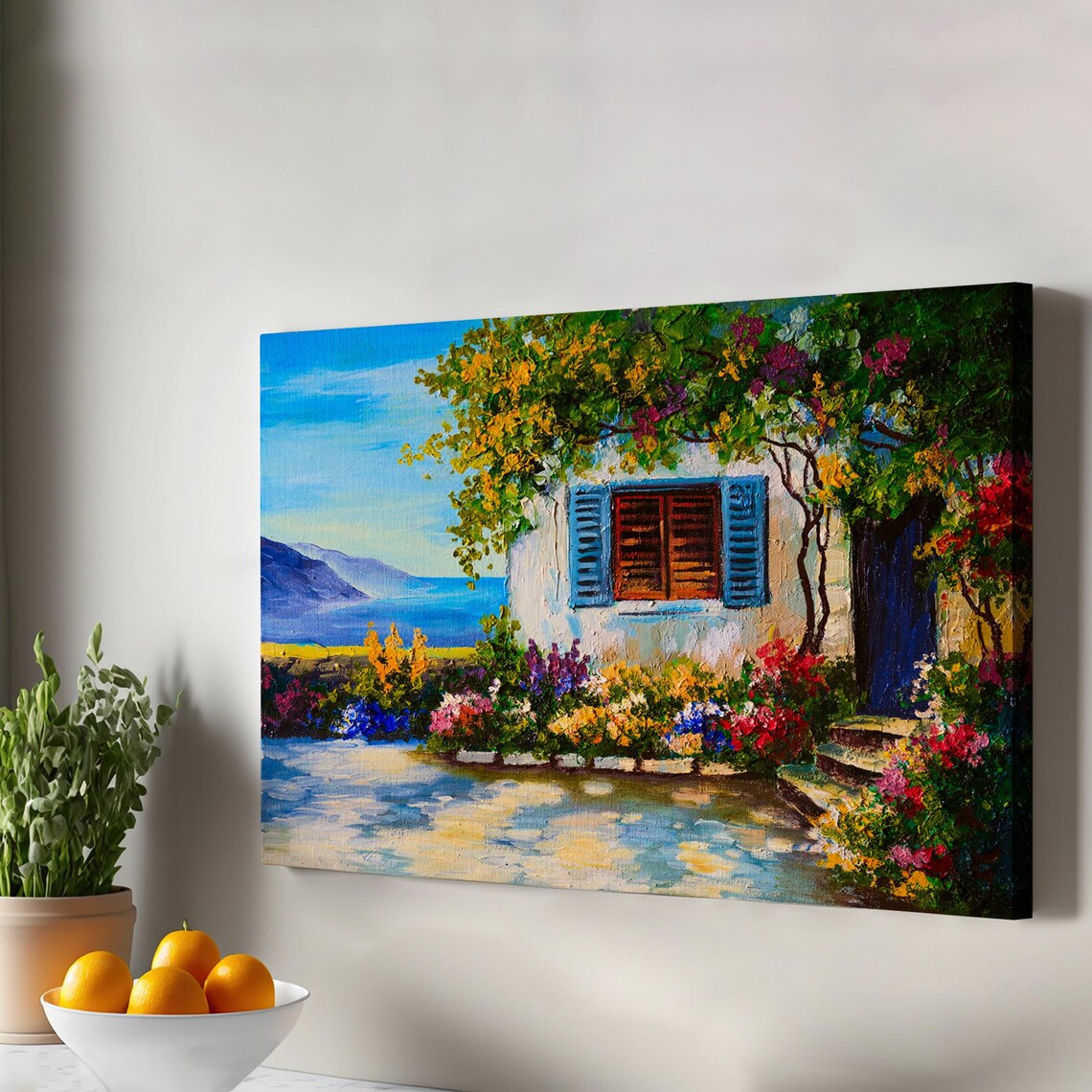 Mediterranean Cottage Sea View Flower Garden Blue Shutters Canvas Art Print