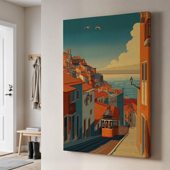 Lisbon Street View Canvas Art Colorful Cityscape With Tram And Ocean Vibrant European Print Framed Gift For Travel Lovers