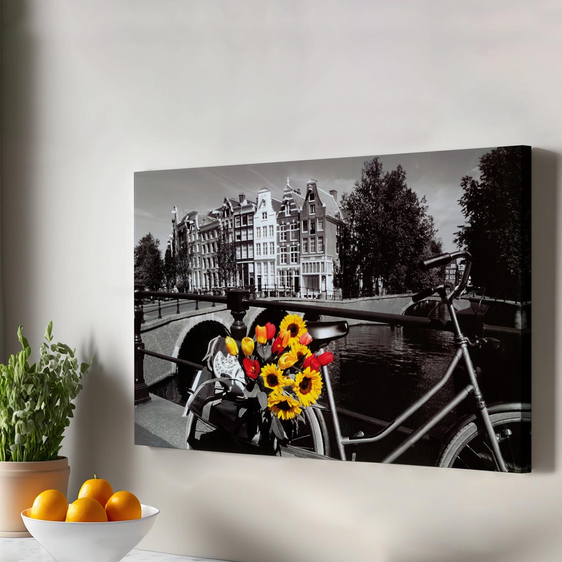 Amsterdam Canal Bicycle With Sunflower Basket Black White Photo Print