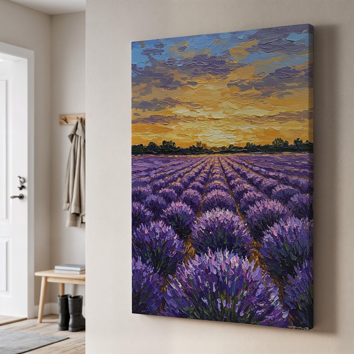 Lavender Field at Sunset Impasto Purple Flower Landscape Poster