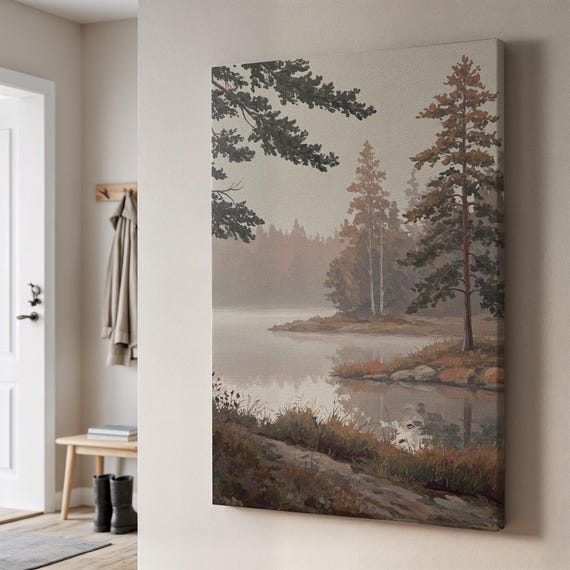 Autumn Lake Canvas Wall Art Misty Pine Forest Painting With Rustic Shore Calm Nature Decor Framed Gift For Cozy Country Inspired Homes