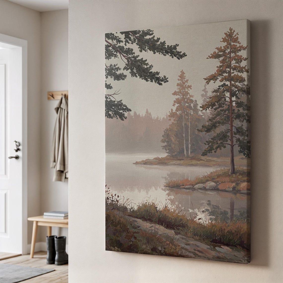 Autumn Lake Misty Pine Forest Tranquil Fall Landscape Nature Poster