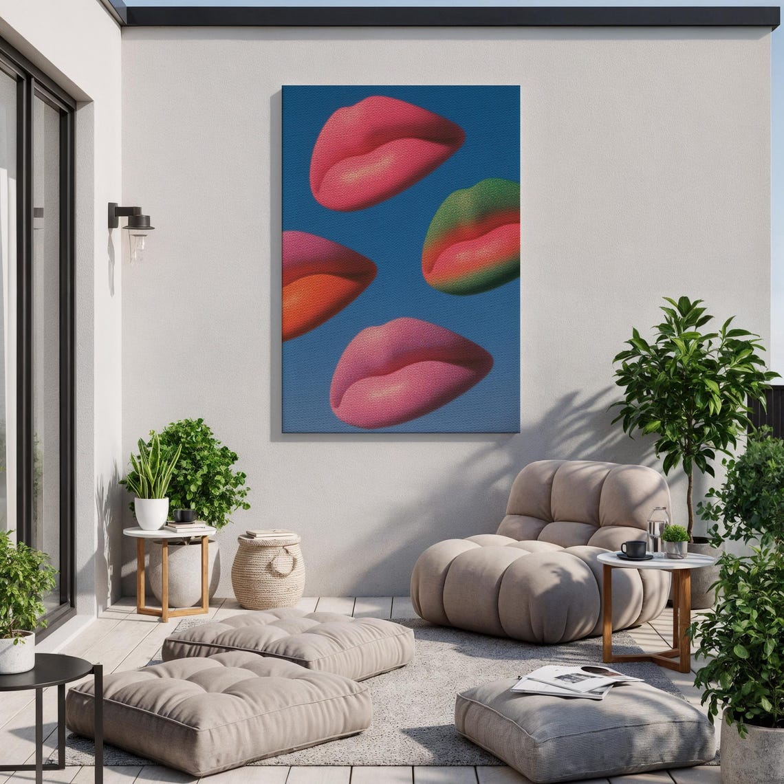 Colorful Lips Pop Art Canvas Pink Gradient Blue Background Poster