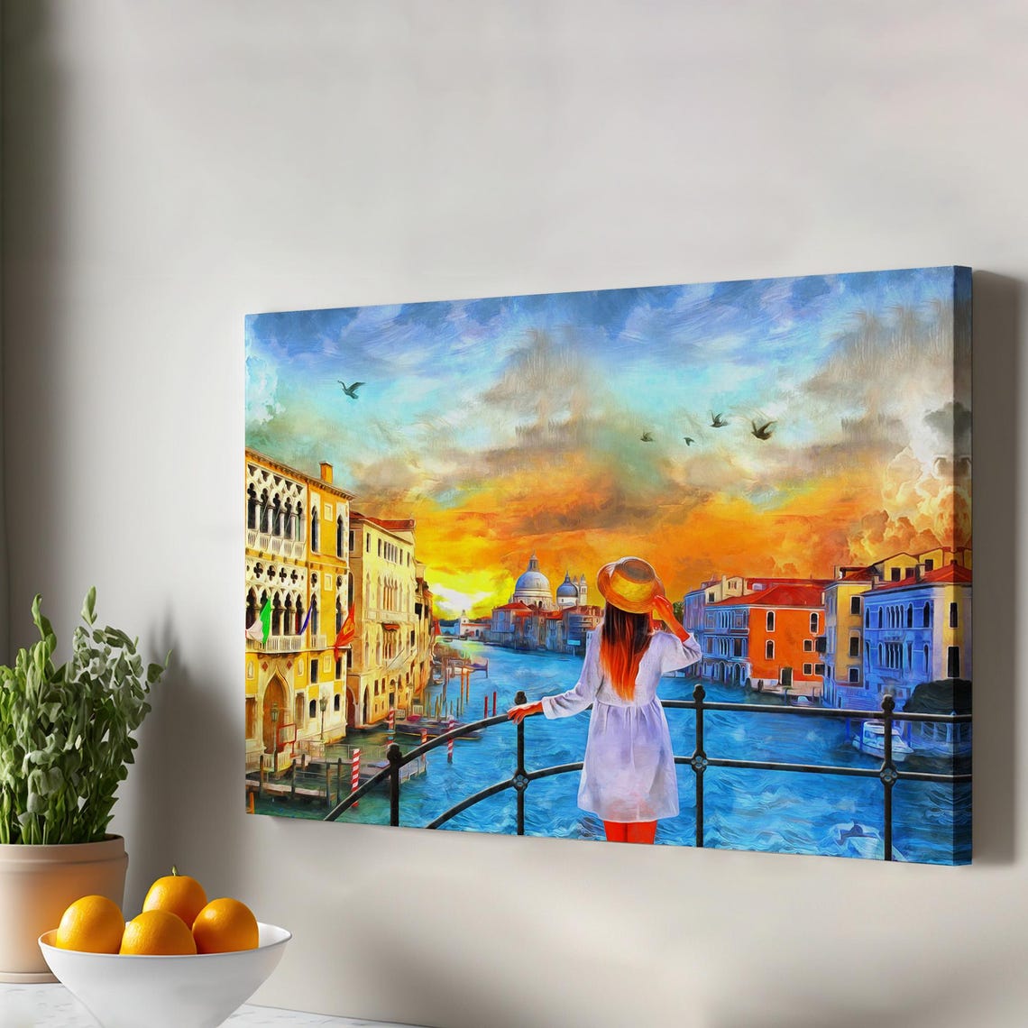 Venice Grand Canal Sunset Girl Watching Oil Painting Style Art Print