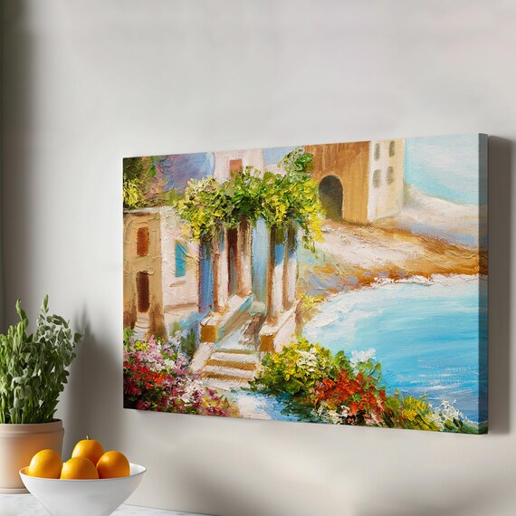 Mediterranean Seaside Village Turquoise Cove Flowers Oil Poster