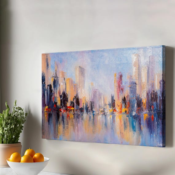 Water Reflections And City Oil Painting Style Decorative Canvas Wall Art Large Housewarming Gifts Abstract Print