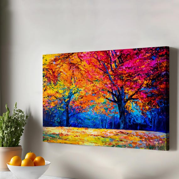 Autumn Trees Oil Painting Look Decorative Canvas Wall Art Nature Decor Print