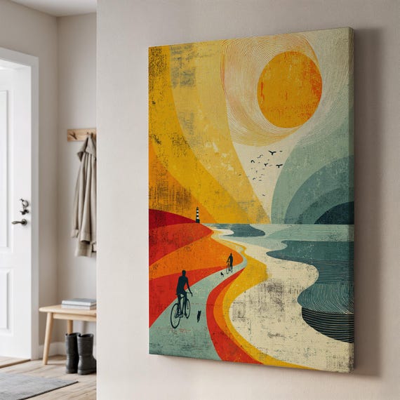 Retro Sunset Bike Ride Canvas Wall Art Abstract Mountain Landscape Painting Vibrant Beach Journey Framed Gift For Adventurous Home Decor