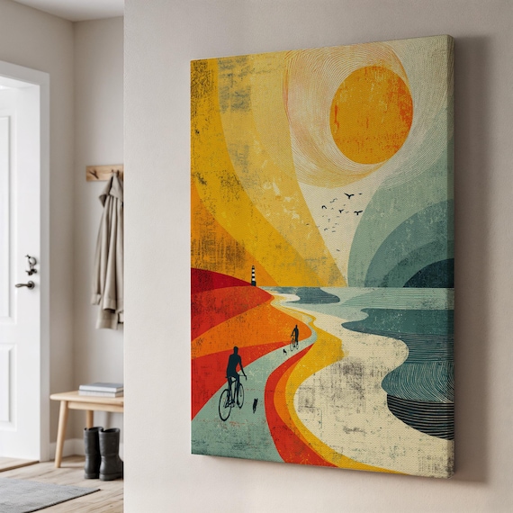 Retro Sunset Coastal Bike Ride Lighthouse Illustration Poster