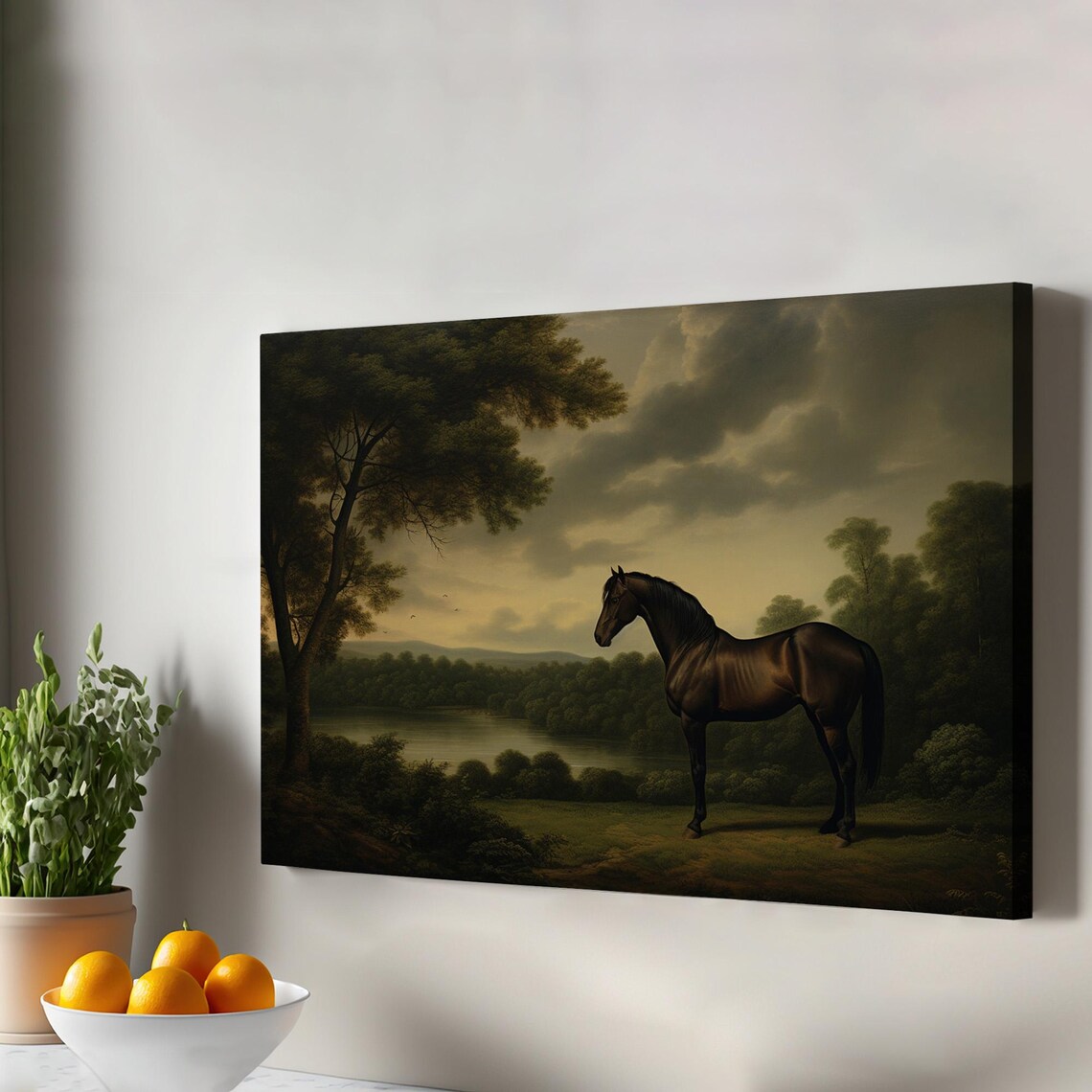 Brown English Horse by the Lake Moody Vintage Equestrian Painting Print