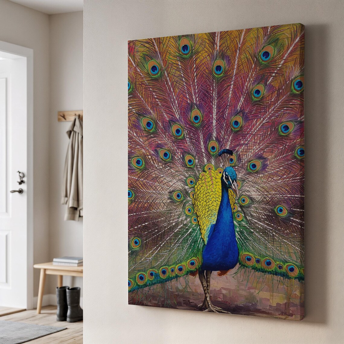 Vibrant Peacock Fanned Tail Feathers Jewel Tone Colorful Bird Poster