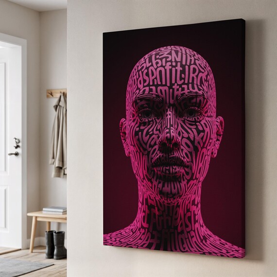 Neon Typography Face Art Pink Lettered Portrait On Black Modern Decor Poster