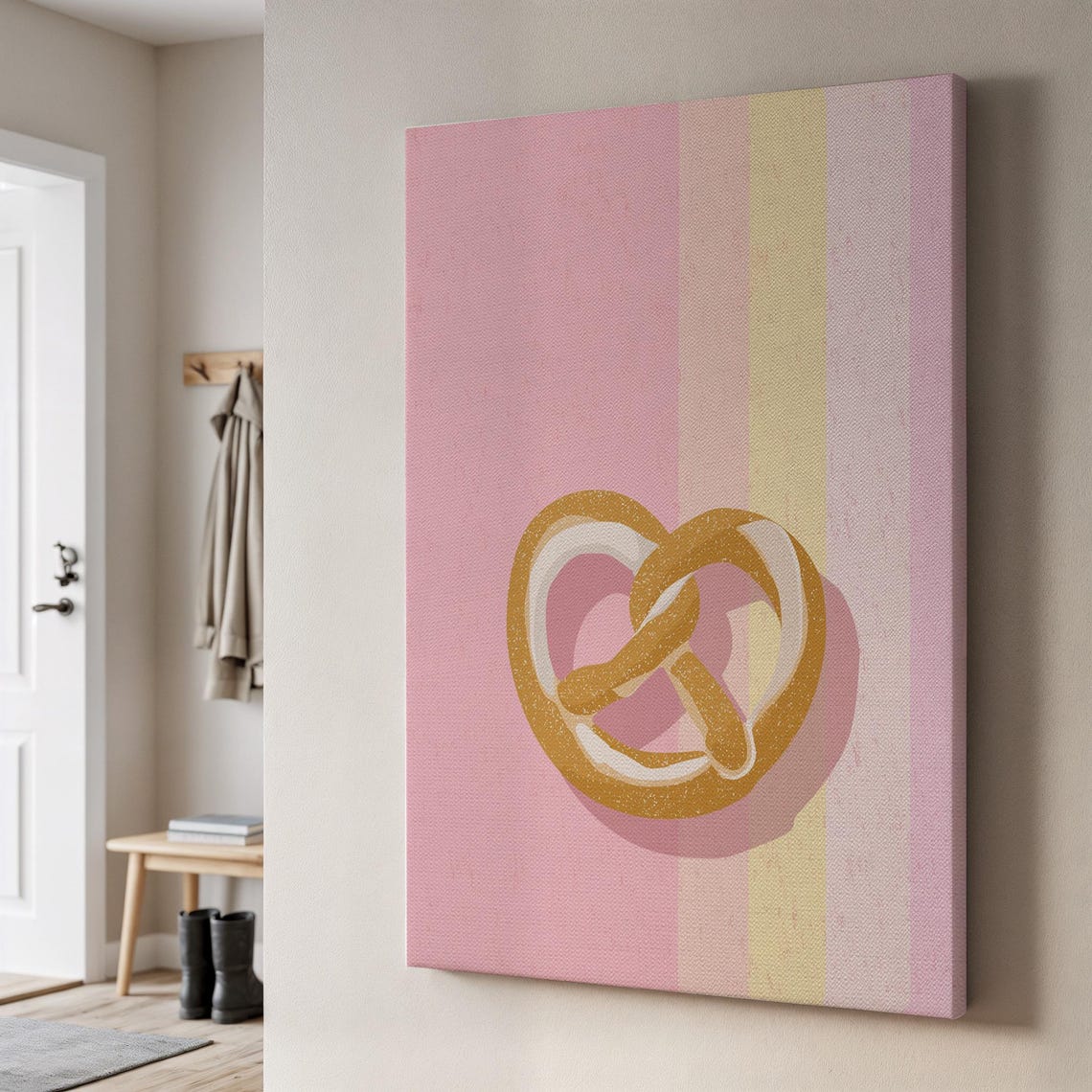 Retro Pretzel Illustration on Pink Striped Kitchen Wall Poster
