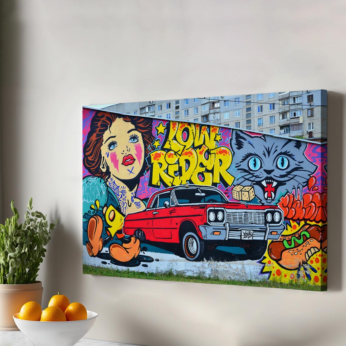 Low Rider Graffiti Red Car Pop Art Street Mural Colorful Wall Print
