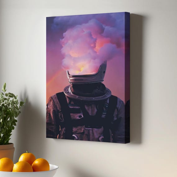 Astronaut With A Burnt Brain Canvas Painting Surreal Pop Art Large Wall Housewarming Gift