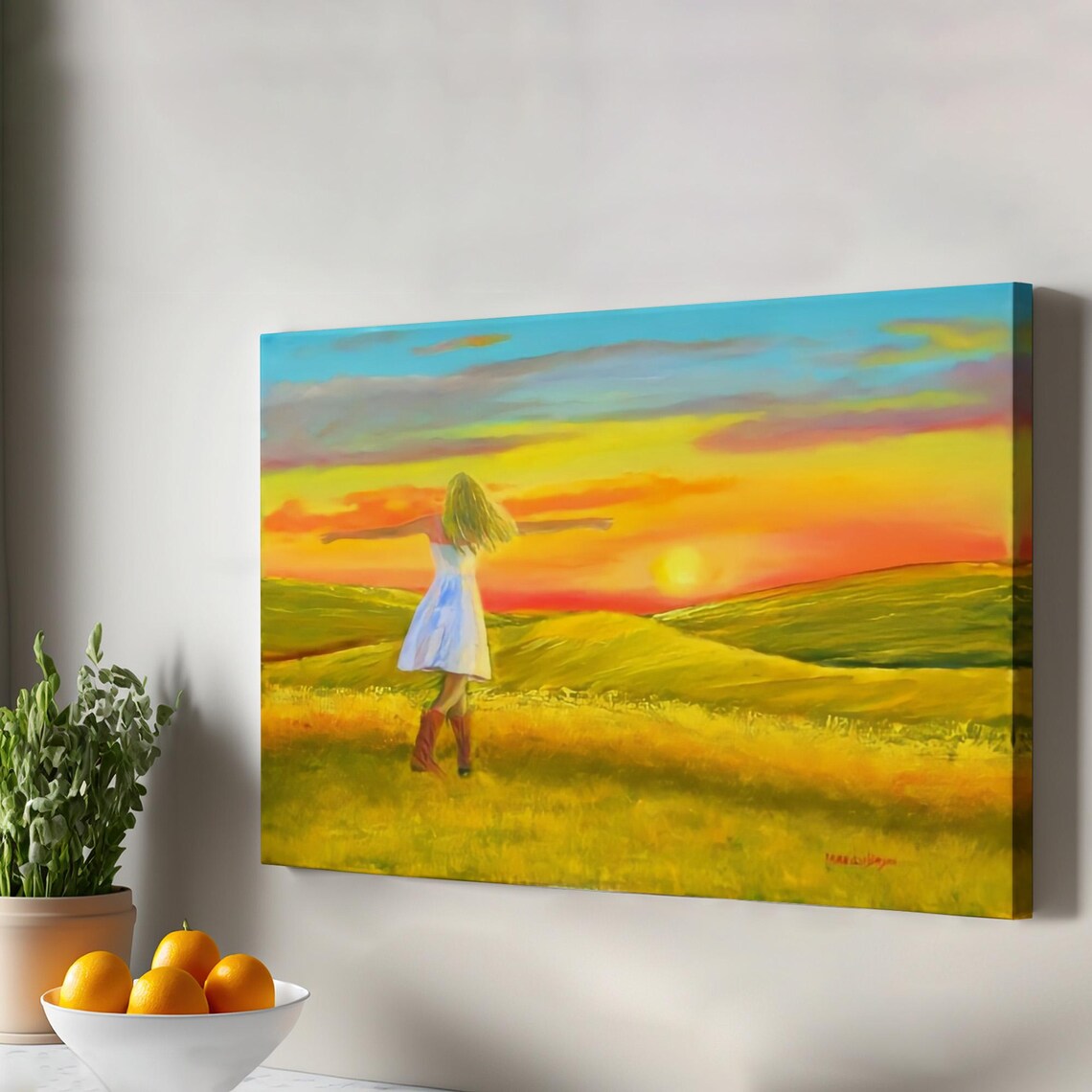 Girl in White Dress Sunset Golden Field Joyful Oil Painting Poster