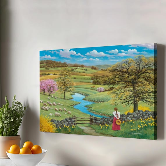 Russian Peasant Girl By The Stream Decorative Wall Art Nature Decor Canvas Print