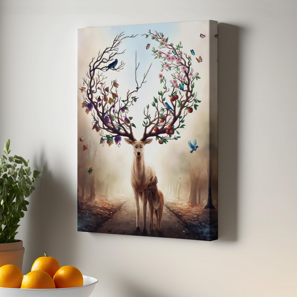 White Stag With Flowering Branch Antlers And Fawn Fantasy Forest Print