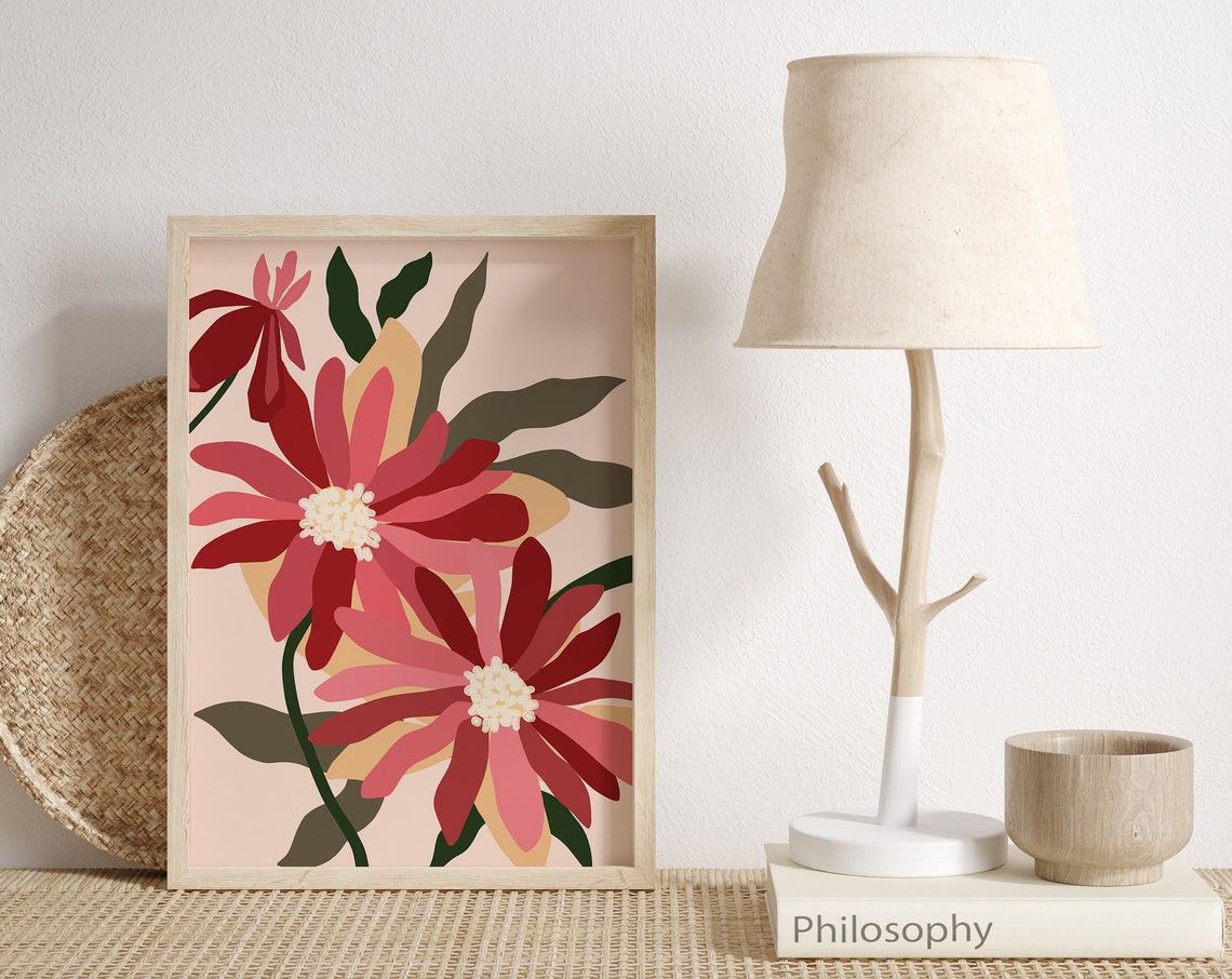 Pink and Red Abstract Floral Artwork Bold Boho Blossom Poster