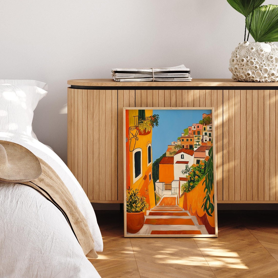 Amalfi Coast Italy Sunlit Hillside Steps Bold Color Painting Poster