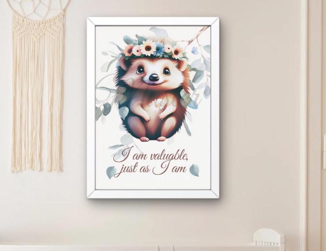 Adorable Hedgehog Flower Crown Kids Affirmation Nursery Decor Poster